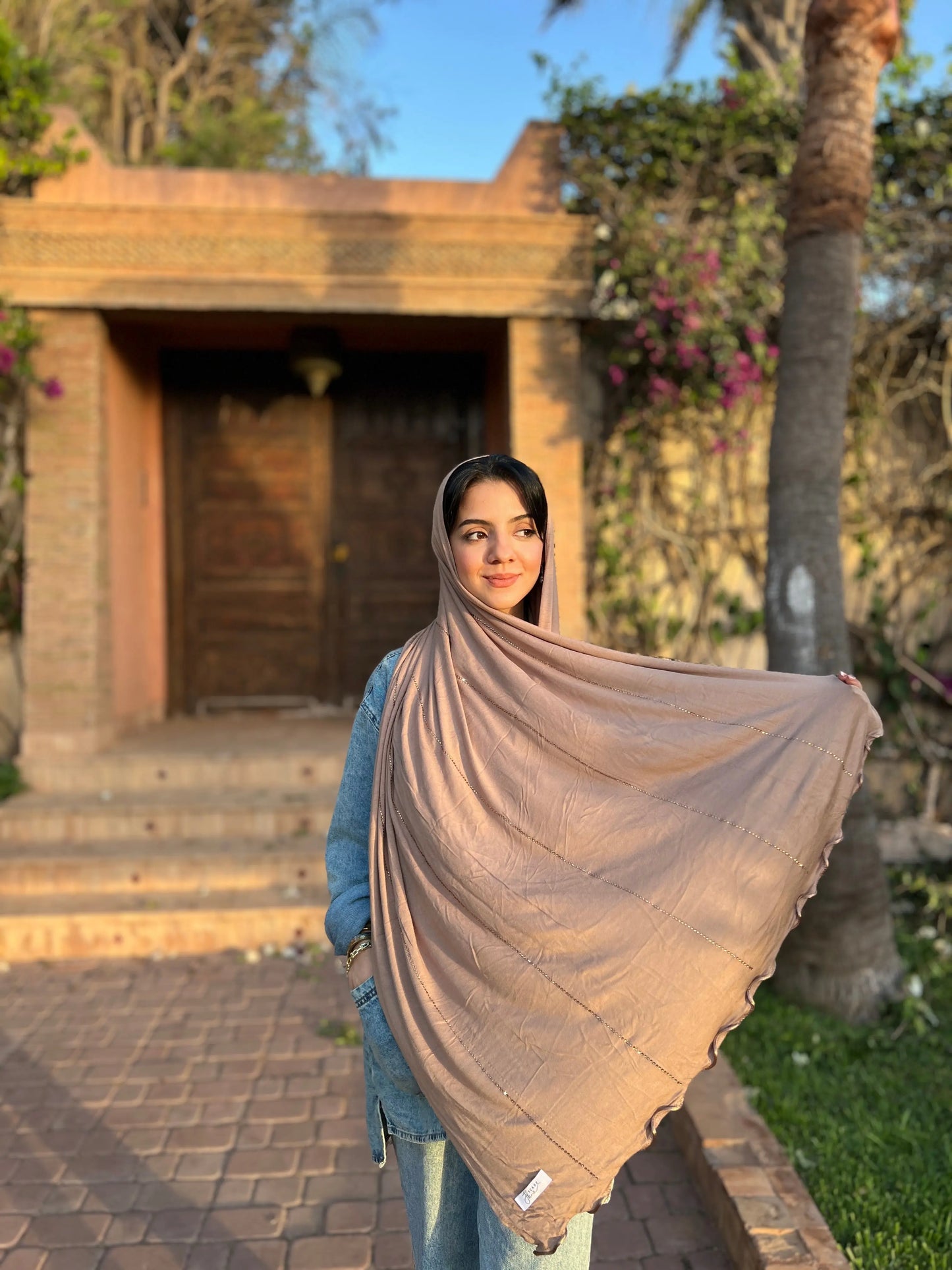 <img src="images/hijab_jawahir_taupe.jpg" alt="Collection Hijab Jawahir - Une gamme élégante de hijabs ornés de strass, importés de Dubai.">