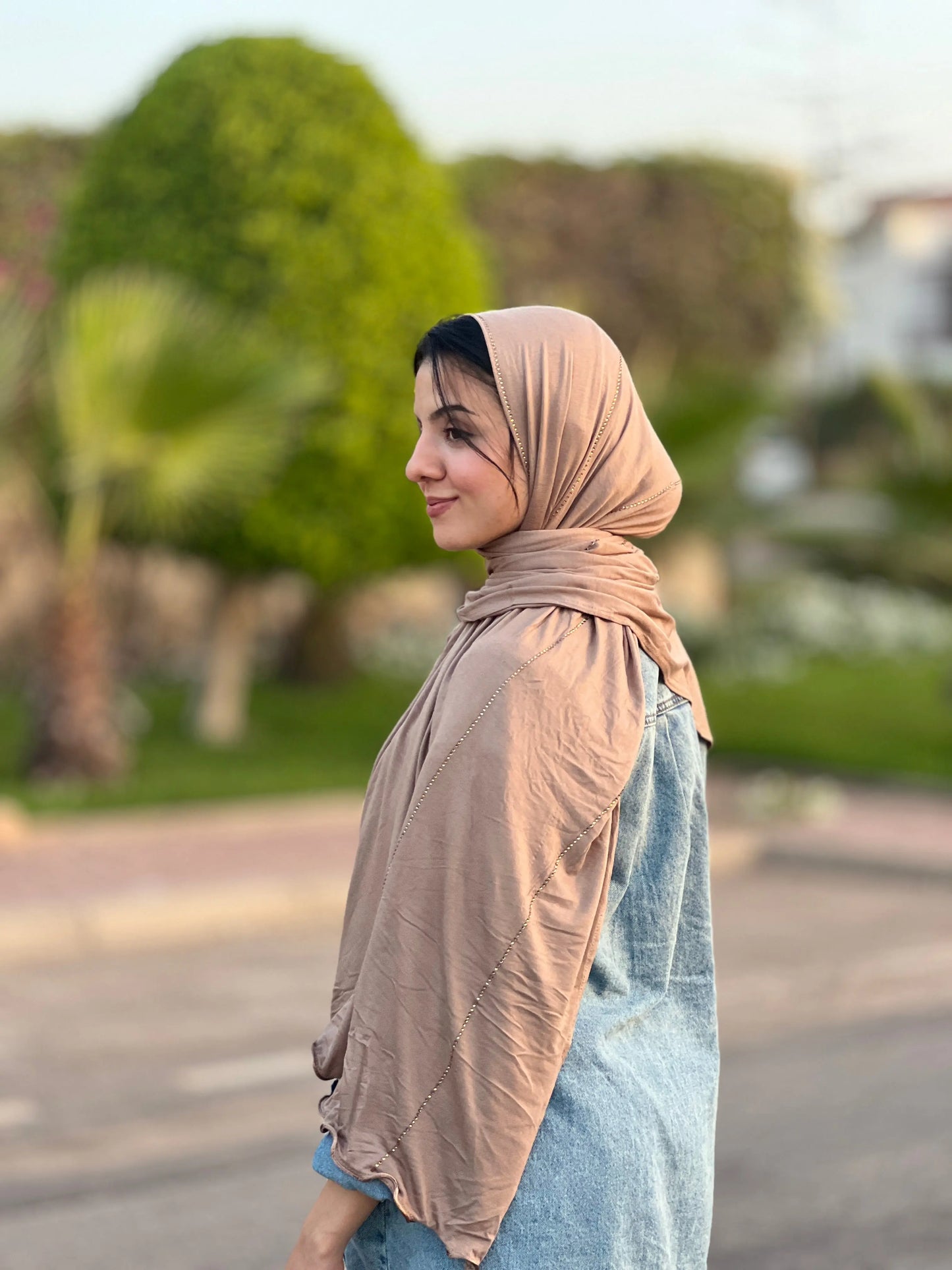 <img src="images/hijab_jawahir_taupe_strass.jpg" alt="Collection Hijab Jawahir - Une gamme élégante de hijabs ornés de strass, importés de Dubai.">